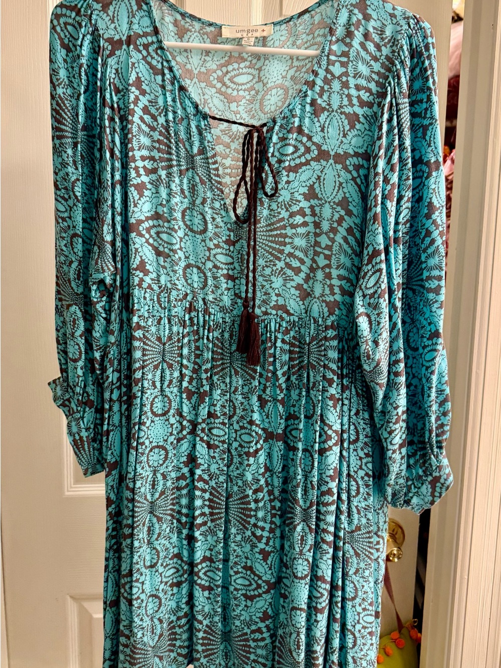 Umgee Turquoise & Brown Boho Tie-Front Mini Dress with Tassels